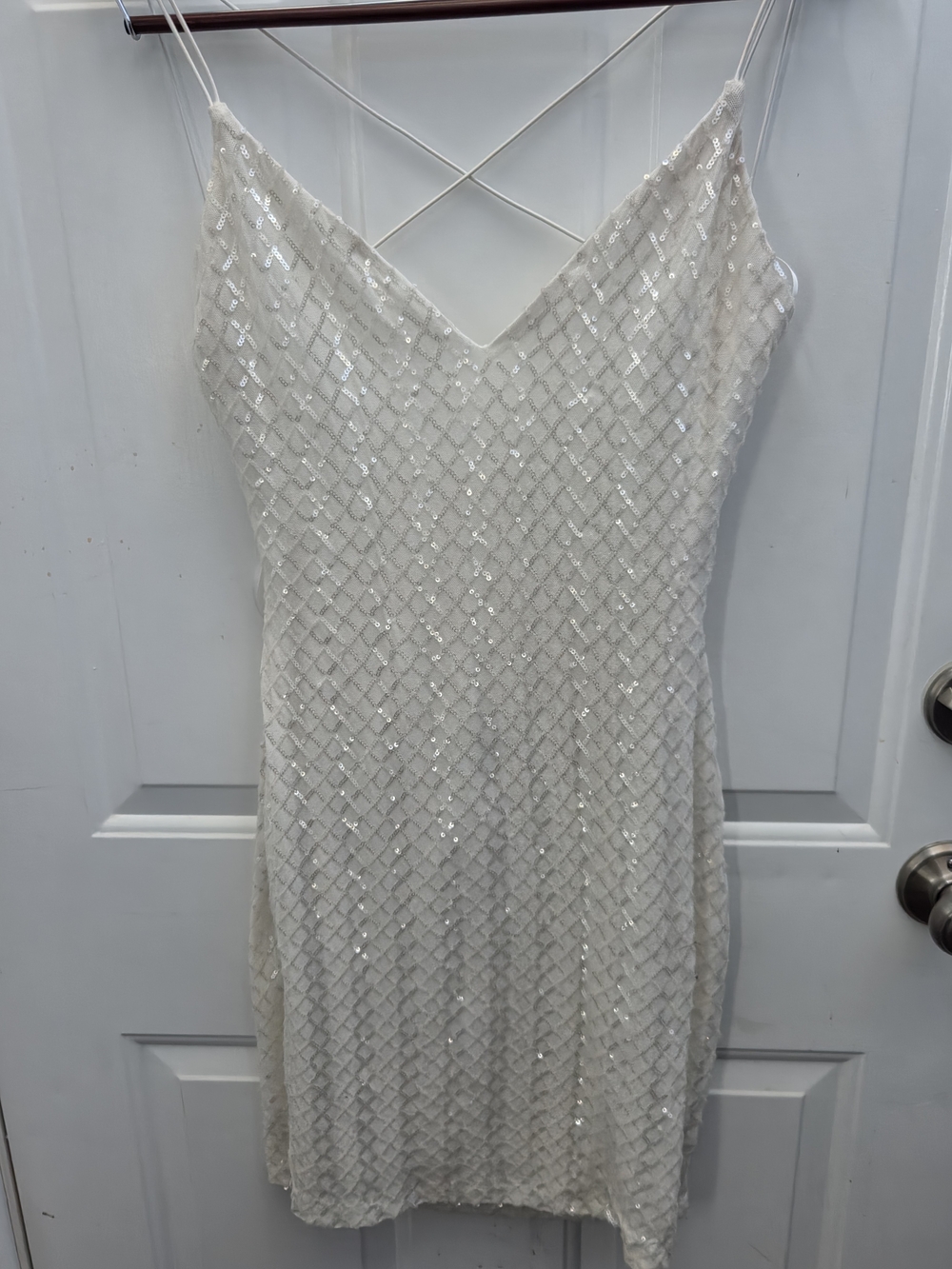 Elegant White Sequin Slip Dress with Crisscross Back